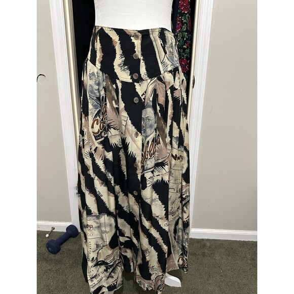 Byblos Maxi Skirt Size M Casablanca Theme Pleated Linen Button Front Waist 30” - Picture 3 of 11